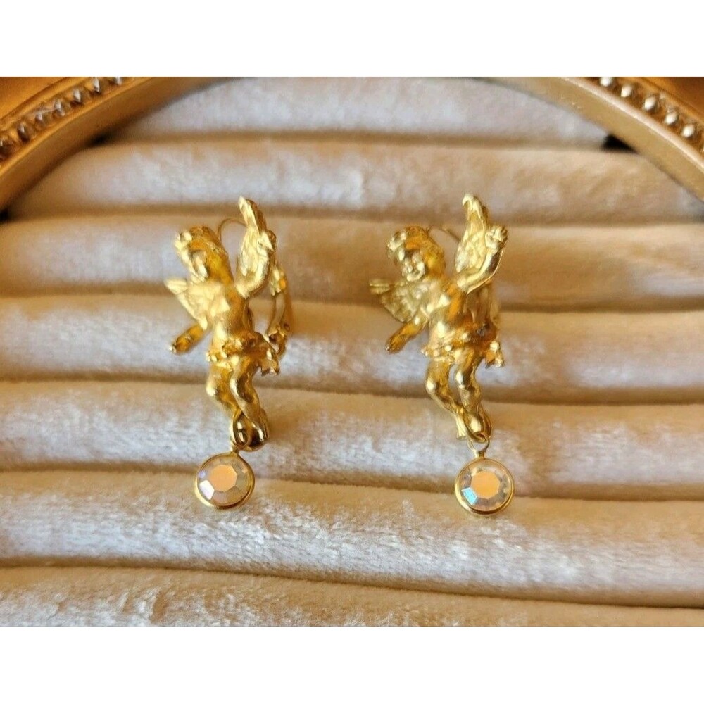 Gold KIRK'S FOLLY Angel Cherub Crystal Dangle Pierced Earrings